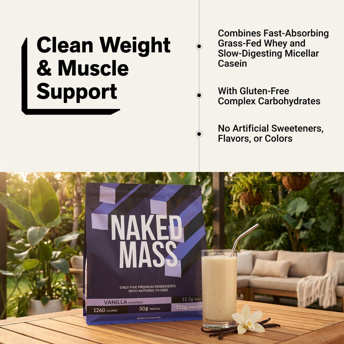 Vanilla Mass Gainer Protein Supplement | Naked Vanilla Mass - 12LB