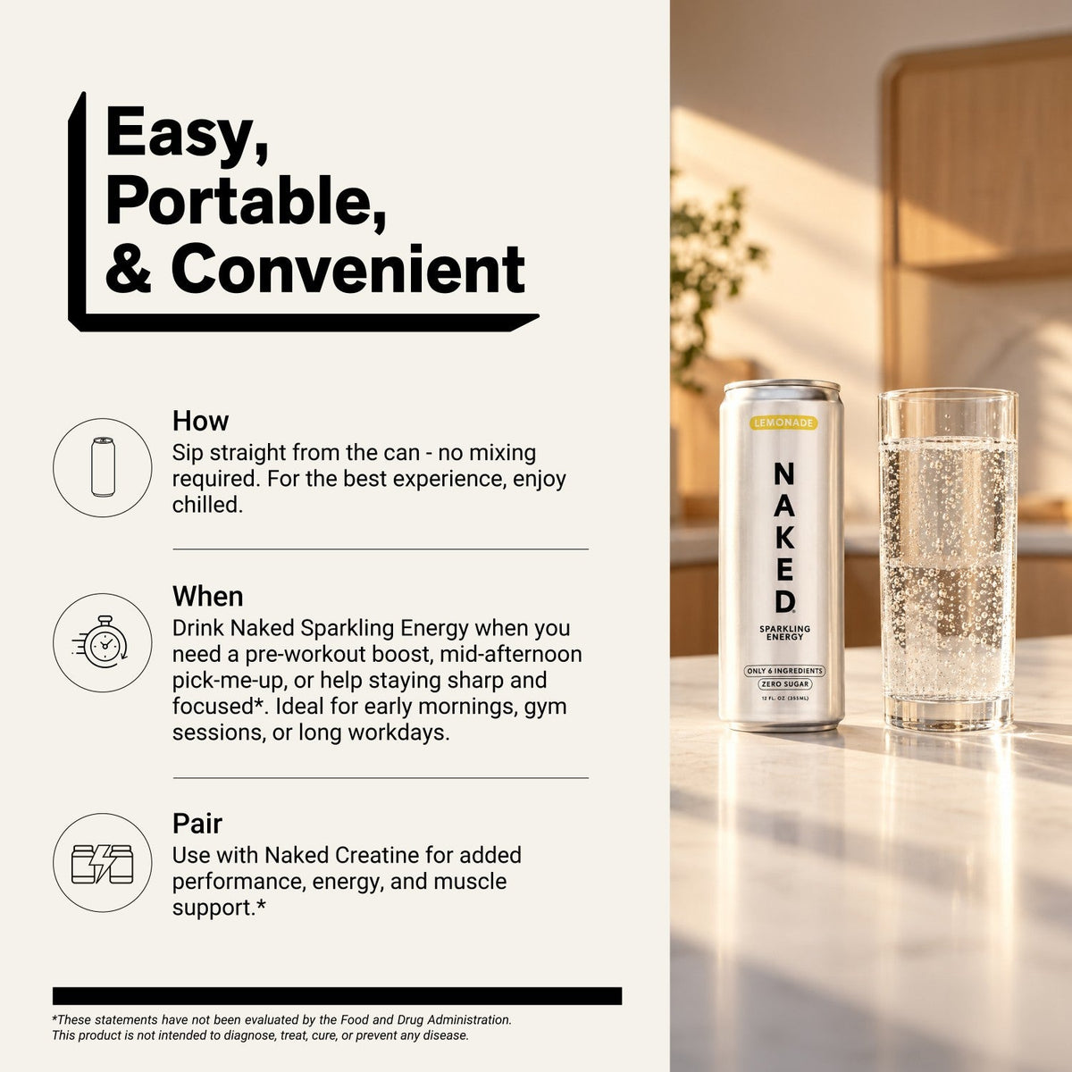 Lemonade Naked Sparkling Energy | Clean Energy Drink - 12 Cans